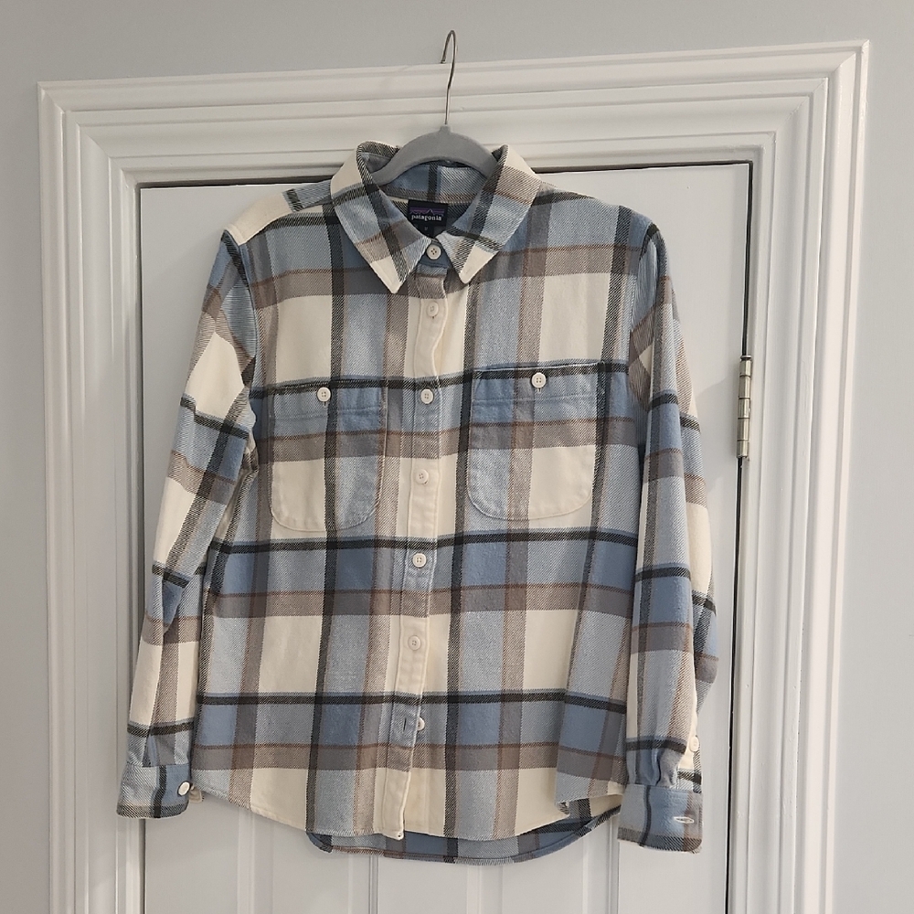 Patagonia Womens Plaid Shirt in Blue, Cream, and Brown